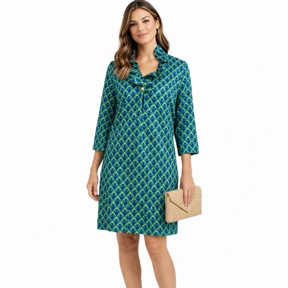 Sawyer Ruffle Neck Shift Dress Green Blue Geometric Print Sz M💛
